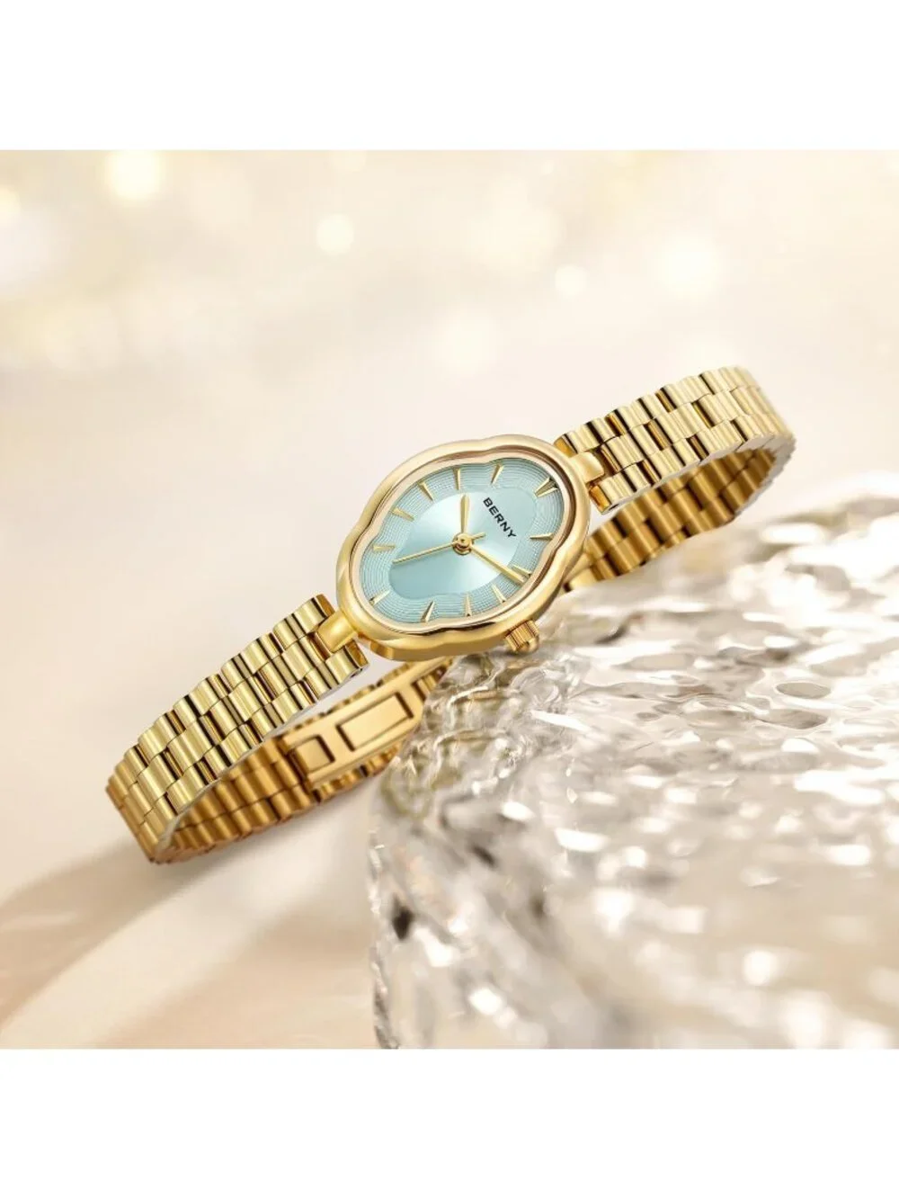 Women's Gold Blue Vintage Copper Mirrors Shape Dainty Ladies Quartz Luxury Watch
